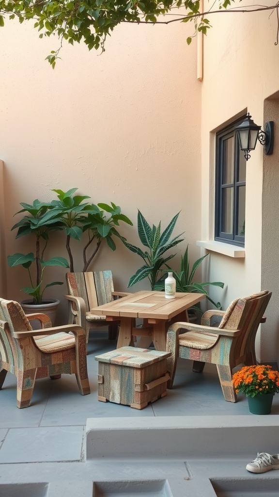 A cozy outdoor patio featuring recycled material furniture with colorful chairs and a table surrounded by plants.