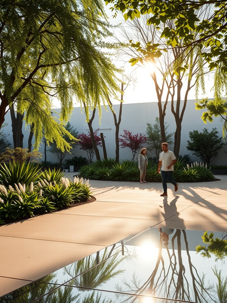 A serene outdoor space with reflective surfaces and lush greenery, capturing sunlight and creating a warm atmosphere.