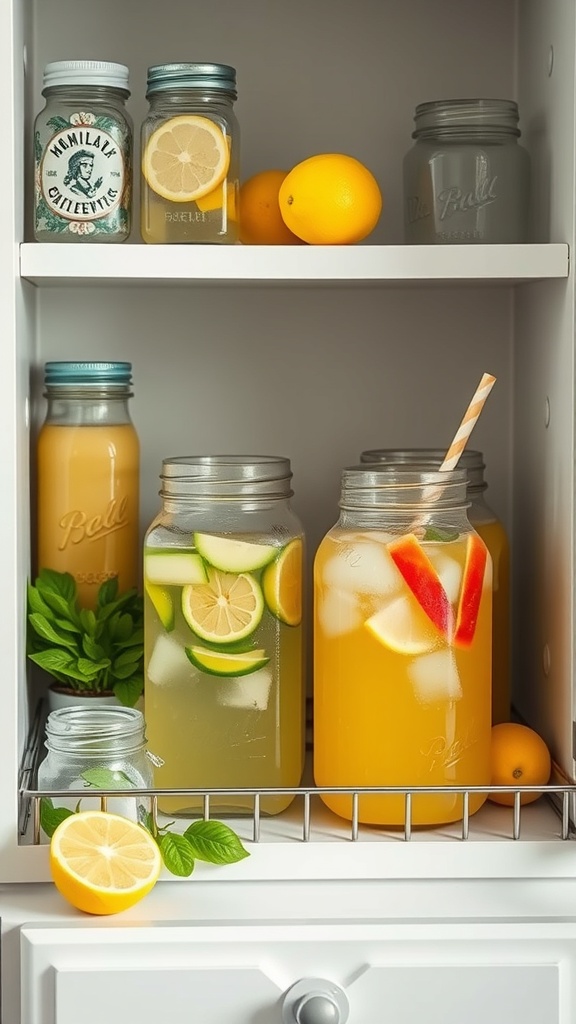 A summer beverage station with jars of lemonade, iced tea, and fresh lemons on a shelf.