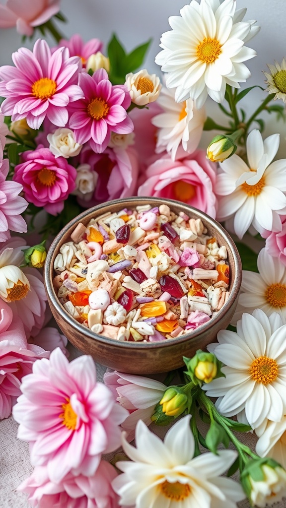 A bowl of potpourri surrounded by colorful flowers.