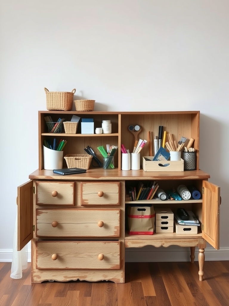 A wooden cabinet with open shelves and drawers, filled with craft supplies and storage baskets.