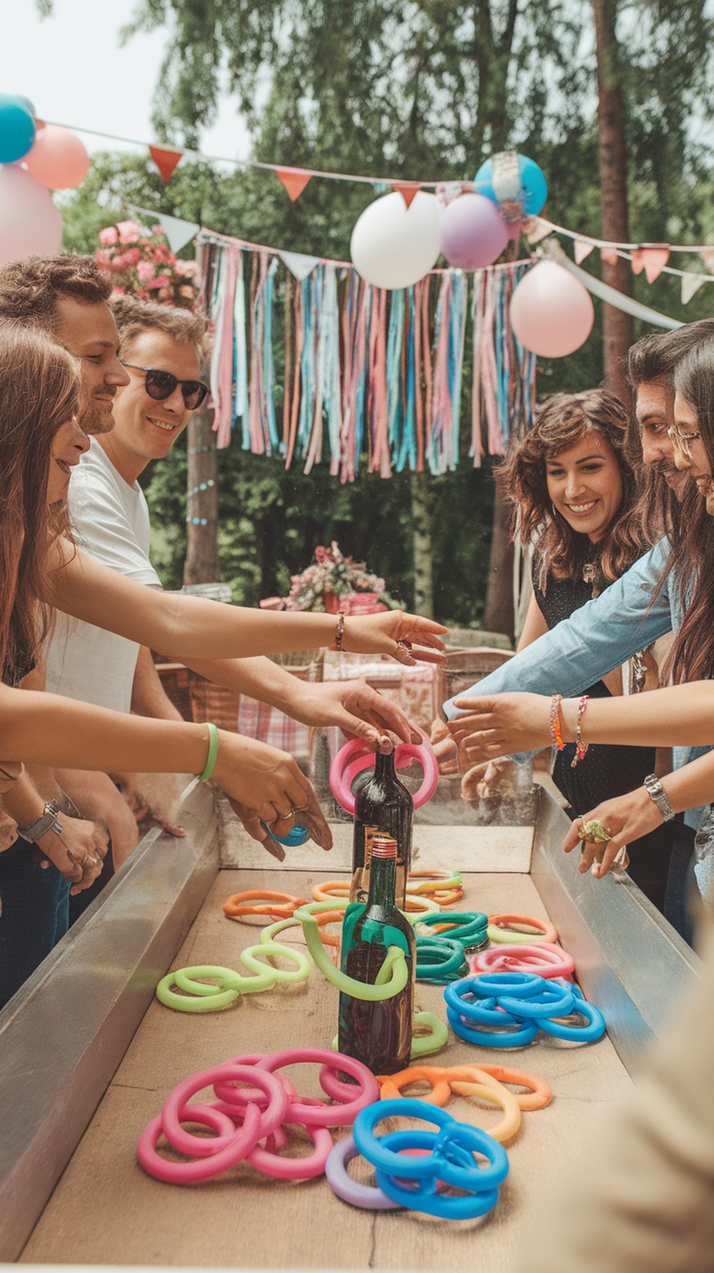 A group of friends playing ring toss at an outdoor party, with colorful rings and bottles set up for the game.
