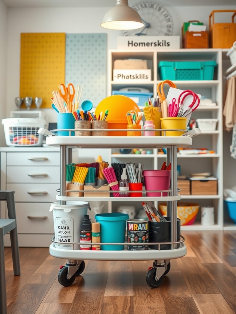 A colorful rotating craft supply cart filled with various art supplies in a bright craft room.