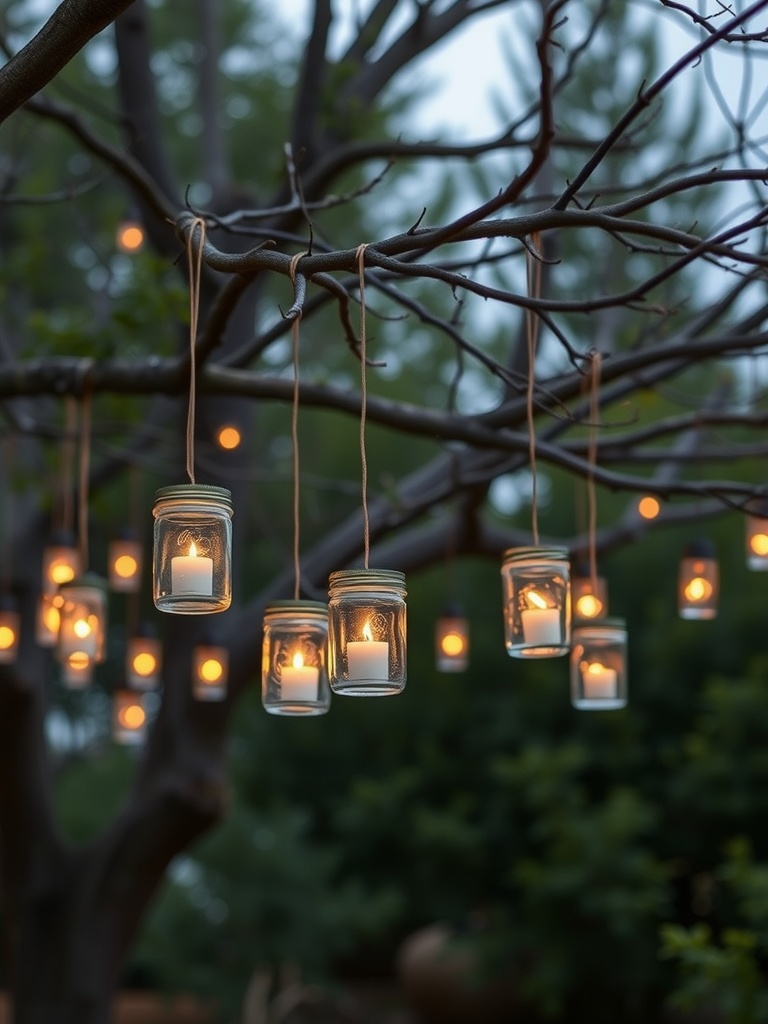 Hanging mason jar lanterns with candles inside, illuminated in a tree