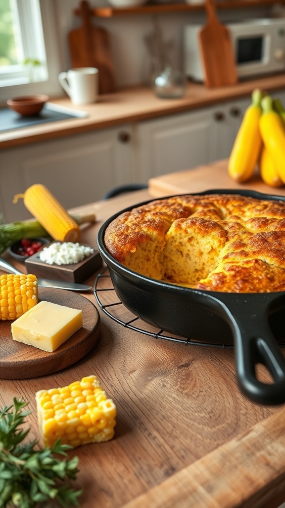 Rustic sourdough skillet cornbread in a cast iron skillet with fresh corn and herbs