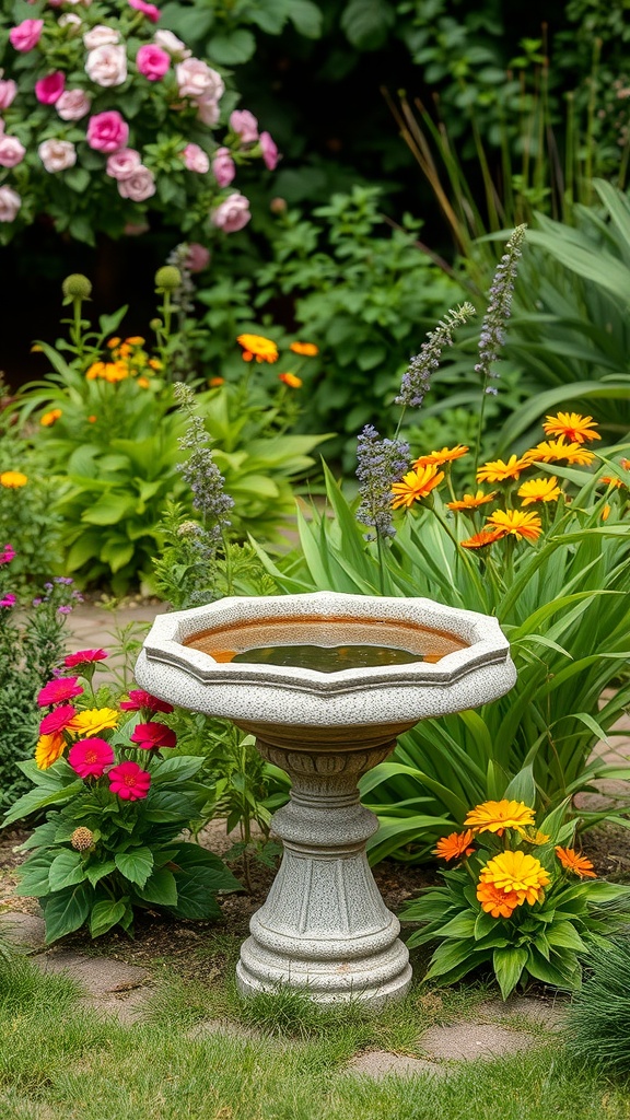A rustic stone birdbath surrounded by vibrant flowers in a garden.