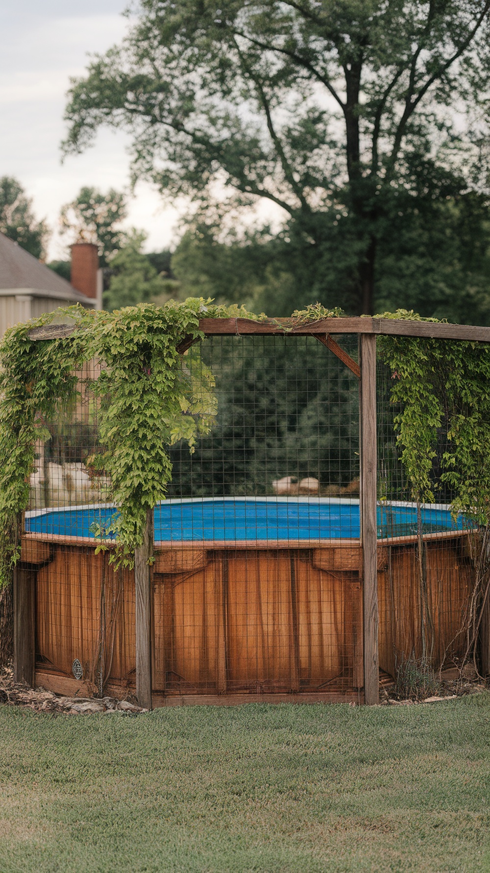 A rustic wooden privacy screen surrounding an above-ground pool, with climbing vines adding greenery.