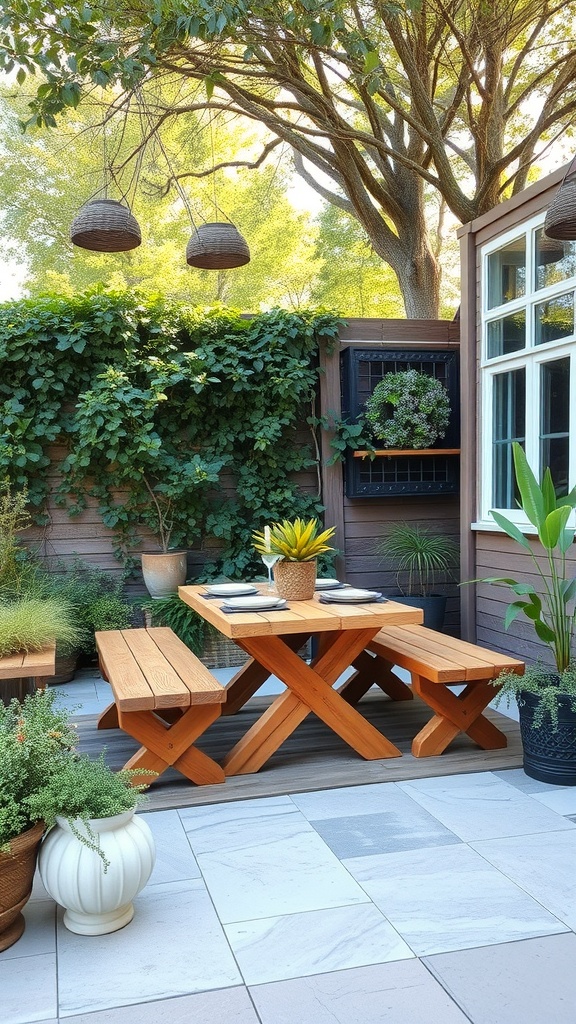 A rustic wooden table and benches on a patio surrounded by greenery.