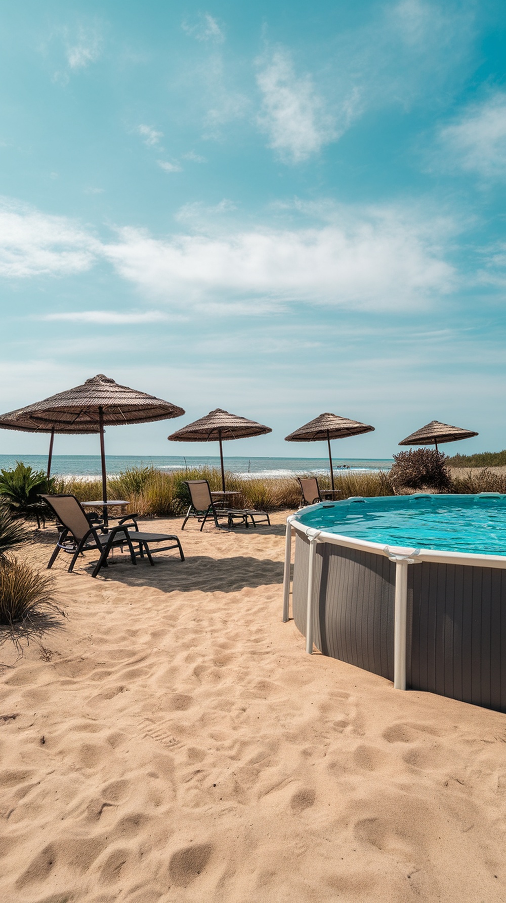 A sandy beach area with lounge chairs and umbrellas near an above-ground pool, overlooking the ocean.