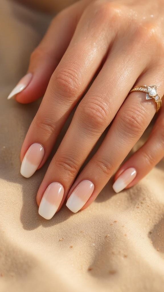 Close-up of sandy beige ombre nails on a hand resting on sand
