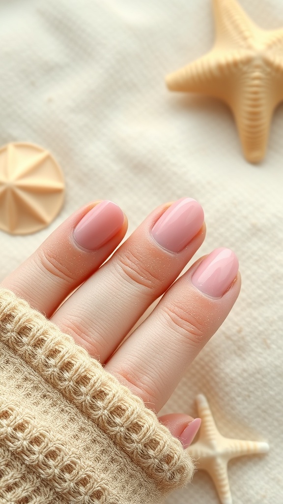 Close-up of sandy pink textured nails with a cozy sweater and beach-themed decorations.