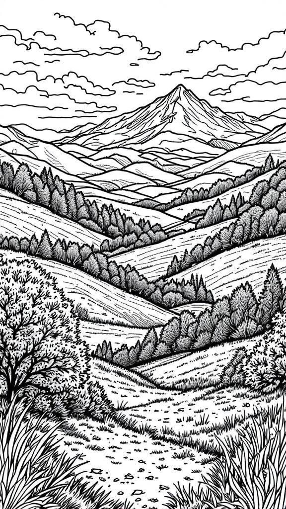 Black and white outline of a scenic fall landscape with mountains and trees