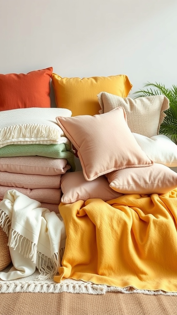 A collection of colorful throw blankets and pillows in summer hues, arranged on a soft surface.