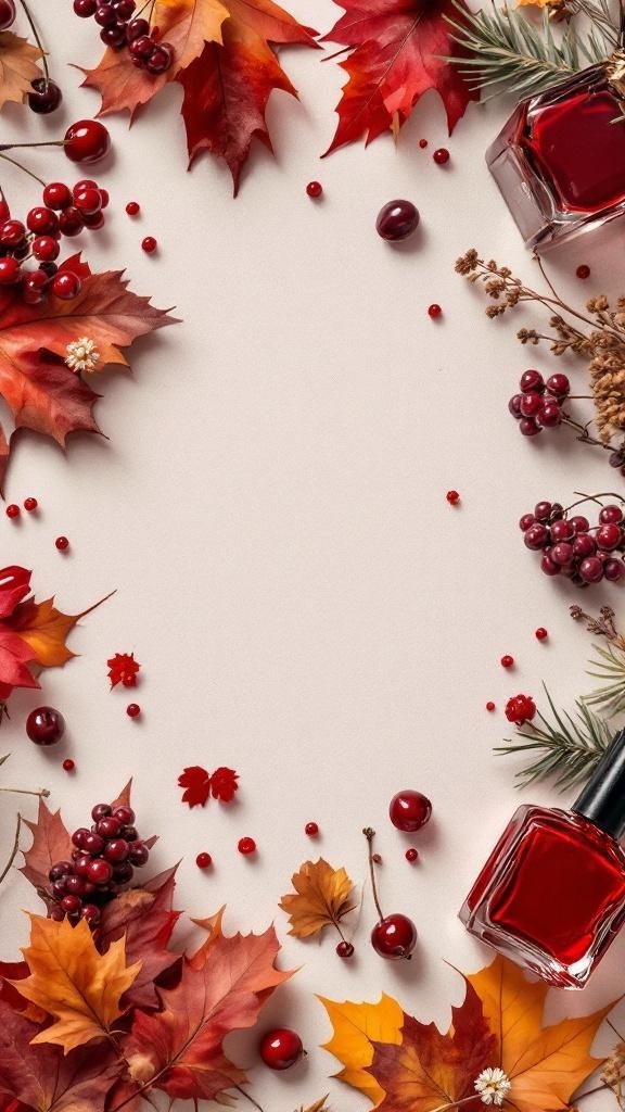 Dark cherry red nail polish bottles surrounded by autumn leaves and berries