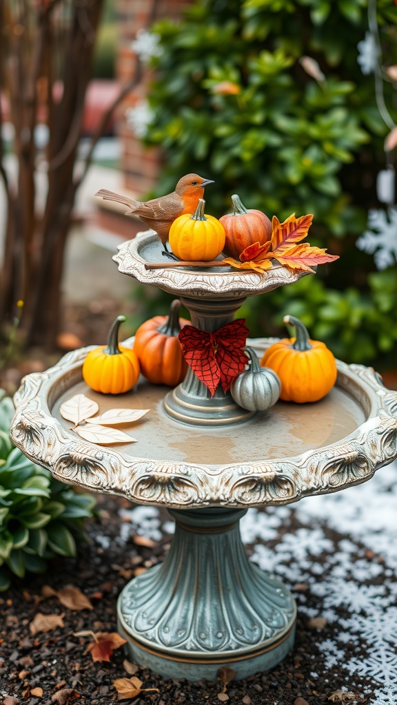 A birdbath decorated with mini pumpkins, leaves, and a bird.