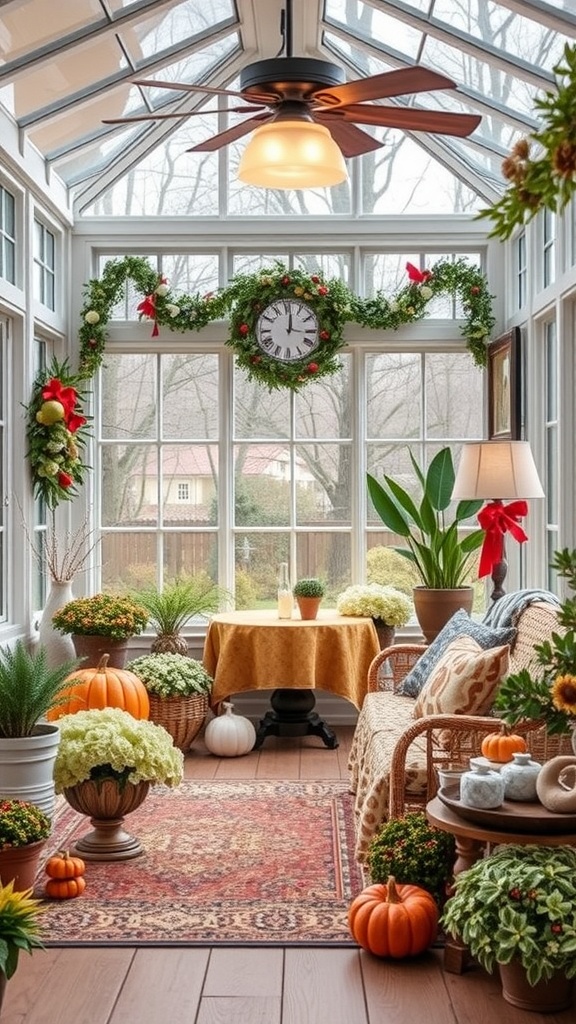 A cozy sunroom decorated with pumpkins, flowers, and garlands for a seasonal touch.