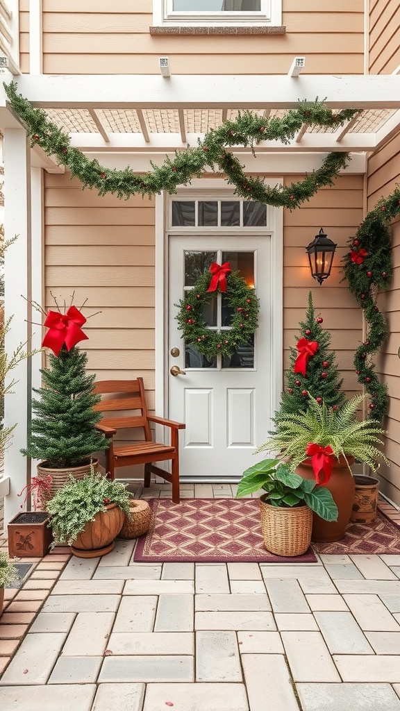 A small outdoor patio decorated for the holiday season with wreaths, garlands, and potted plants.