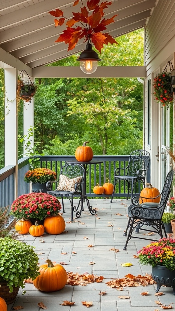 A cozy outdoor patio decorated for fall with pumpkins, colorful flowers, and autumn leaves.