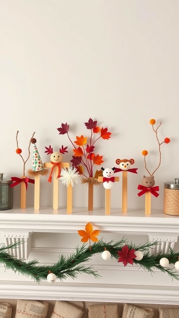 A collection of popsicle stick crafts decorated as seasonal characters with colorful leaves.