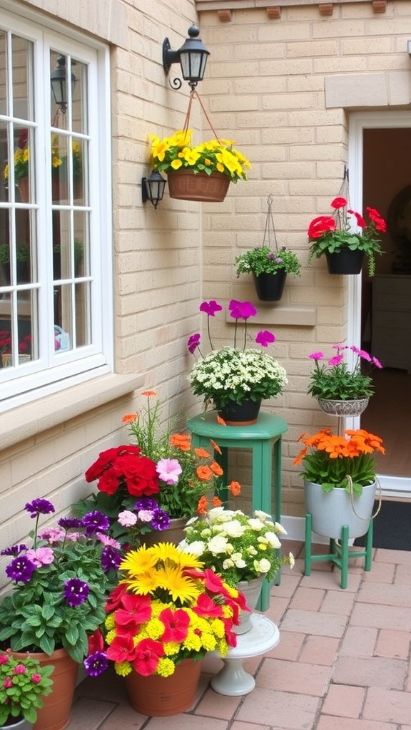 Colorful seasonal flower display on a small outdoor patio with hanging baskets and potted plants.