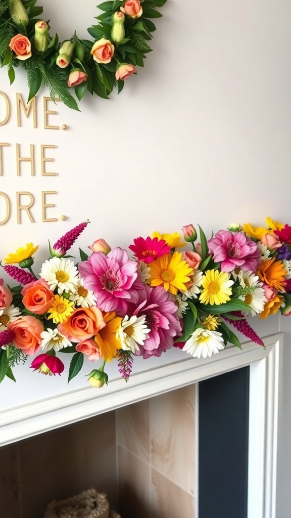 A colorful flower garland with various blooms, displayed on a mantel.