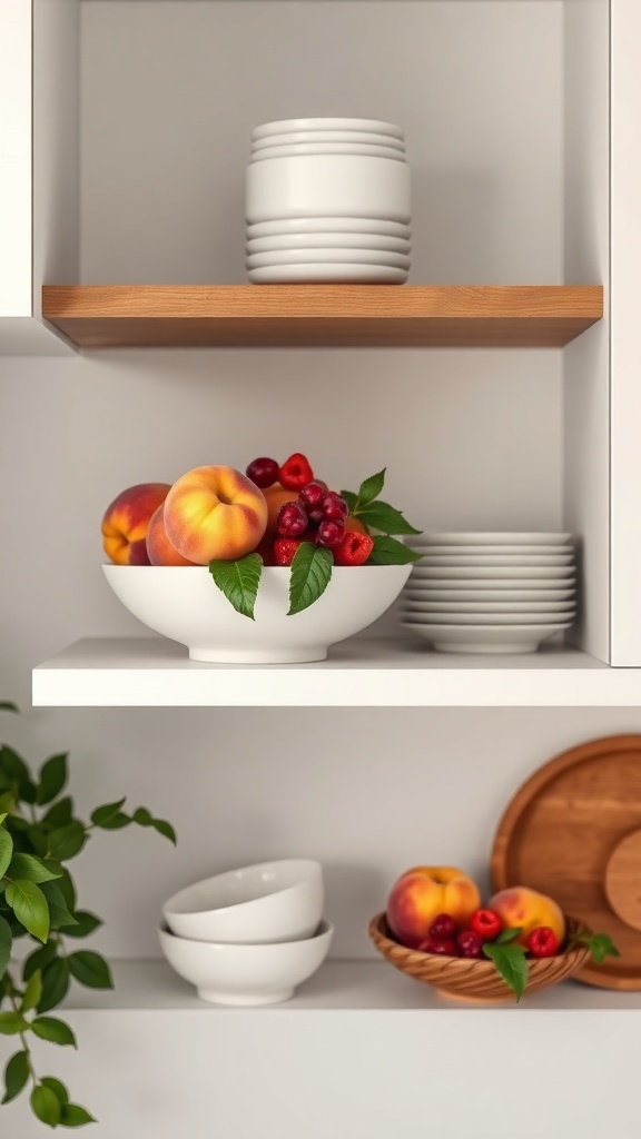 A kitchen shelf styled with seasonal fruits including peaches and cherries in white and wooden bowls.