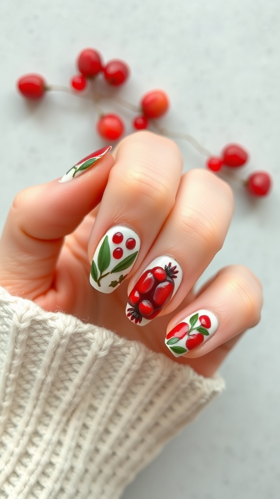 Close-up of beautifully painted nails featuring cherry and pomegranate designs.