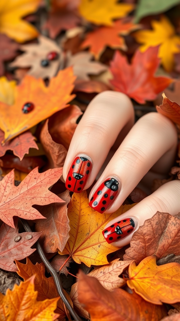 Close-up of ladybug nail art on fingers resting on autumn leaves
