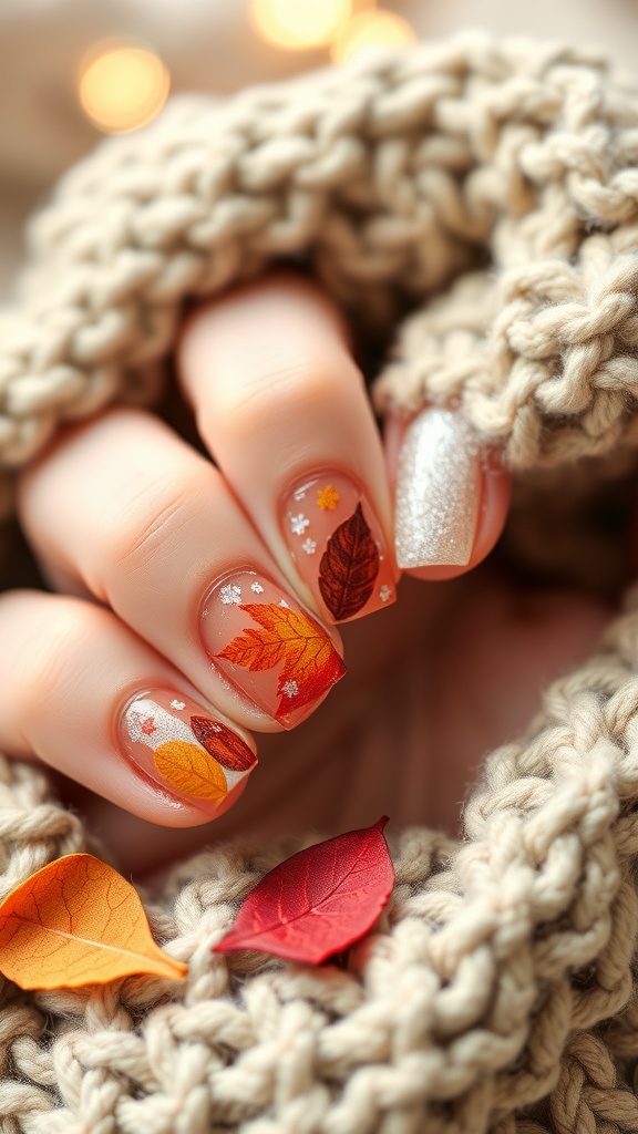 Close-up of autumn-themed nails with leaf designs, surrounded by a cozy knit scarf and colorful leaves.