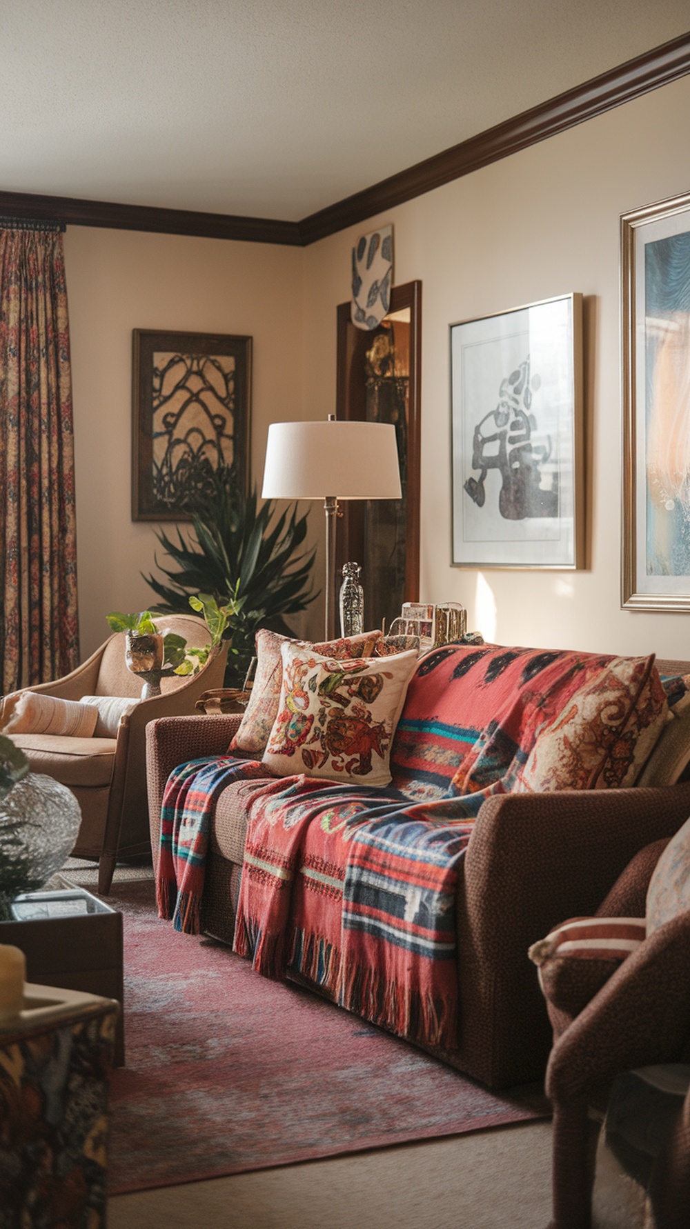 A cozy living room with a sofa covered in colorful throws and decorative pillows, creating a warm autumn atmosphere.