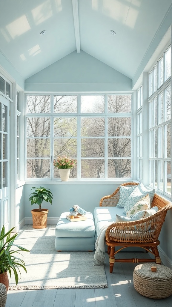 A serene sunroom with light blue walls, a cozy couch, and plants.