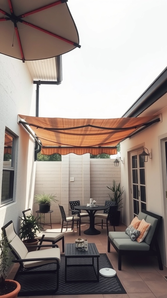 Cozy small outdoor patio with a shade canopy, comfortable seating, and potted plants.