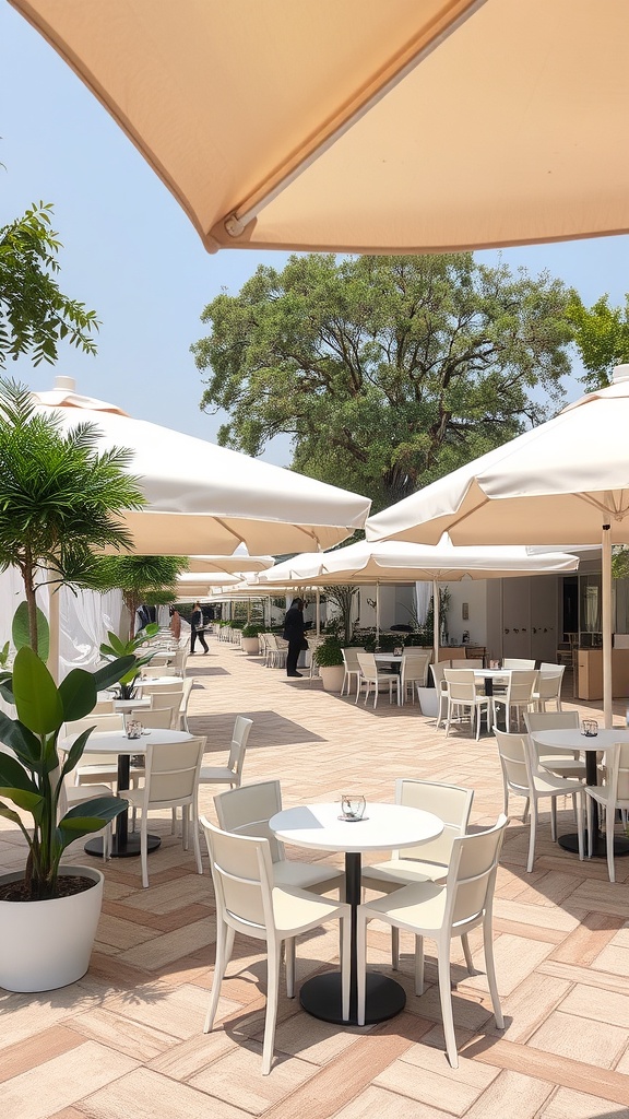 Outdoor party setup with large umbrellas providing shade over tables and chairs