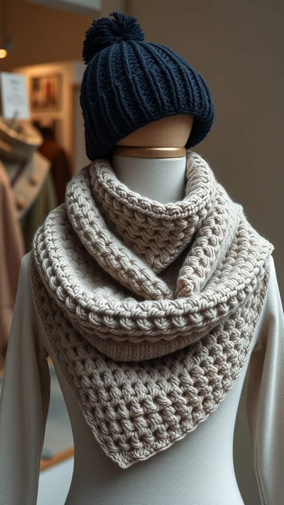 A stylish crochet cowl displayed on a mannequin, paired with a navy beanie.