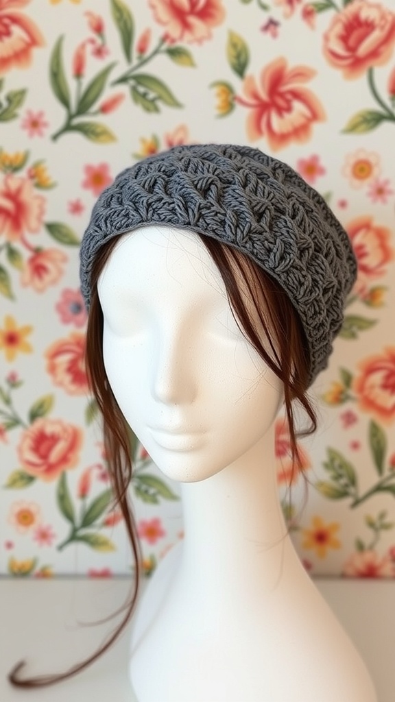 A gray crochet headband displayed on a mannequin head against a floral background.