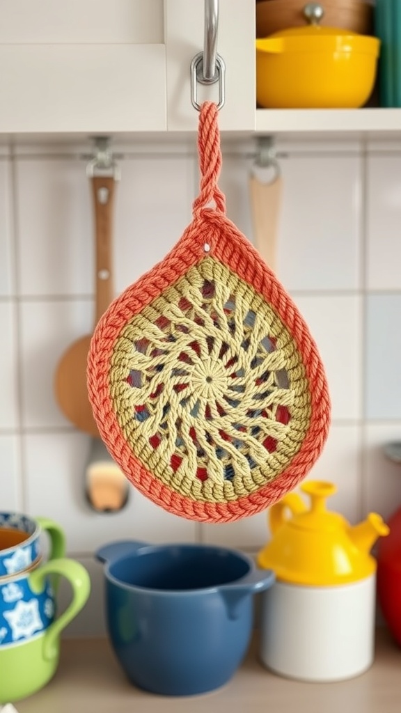 A colorful crochet potholder hanging in a kitchen, showcasing a coral and yellow design.