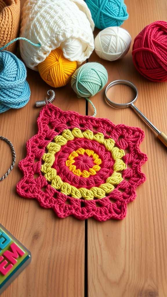 Colorful crochet granny square with various yarn balls in the background