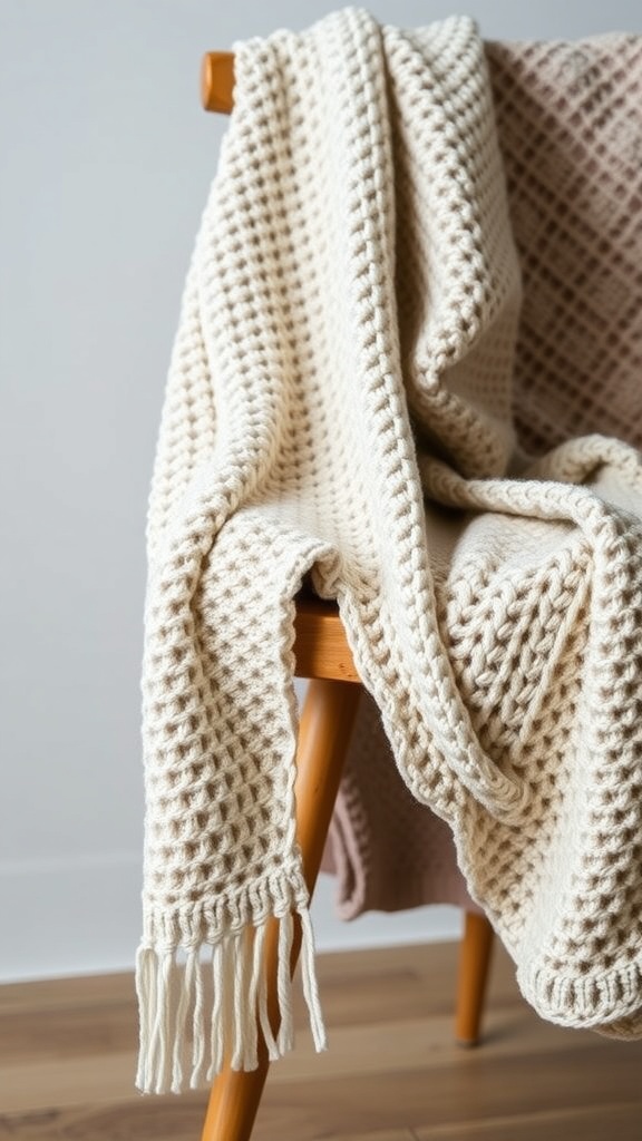 A cozy, textured scarf draped over a chair, showcasing its soft, neutral color and fringe details.