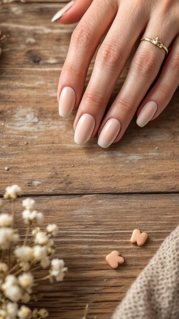 A hand with soft beige matte nails resting on a wooden surface, surrounded by decorative elements.