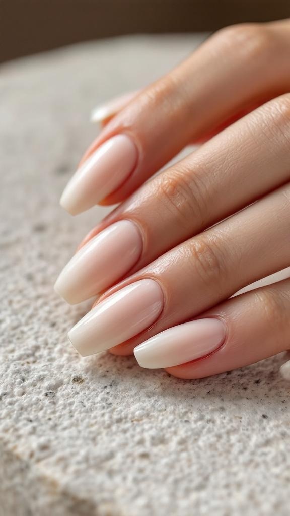 Close-up of soft ivory nails with a textured finish on a light stone surface