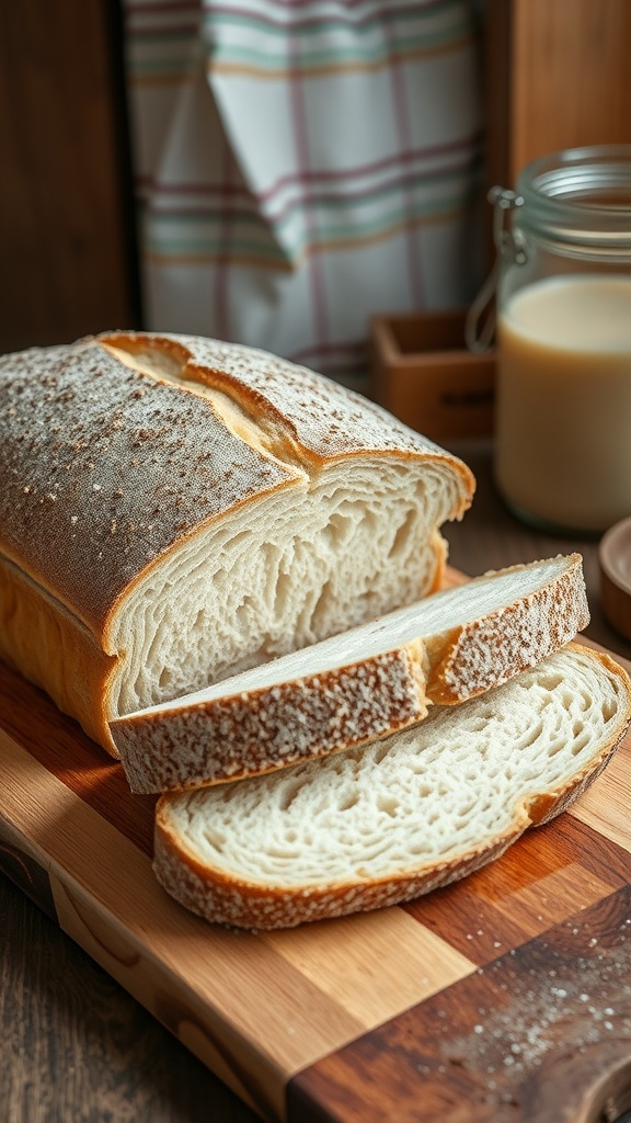 A loaf of soft sourdough sandwich bread, sliced on a wooden cutting board, with a rustic background.
