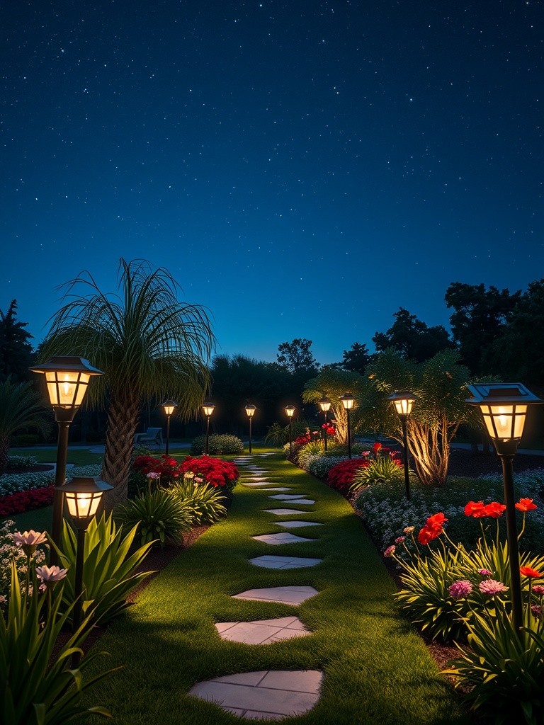 A beautifully lit garden path with solar-powered lights surrounded by flowers under a starry sky.