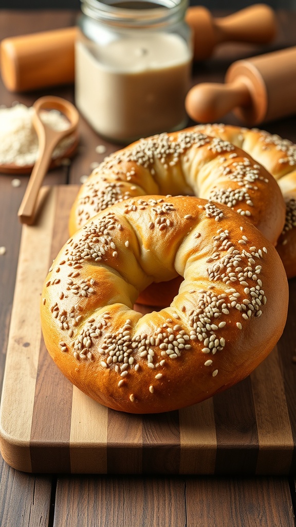 Freshly baked sourdough bagels on a wooden cutting board with sesame seeds