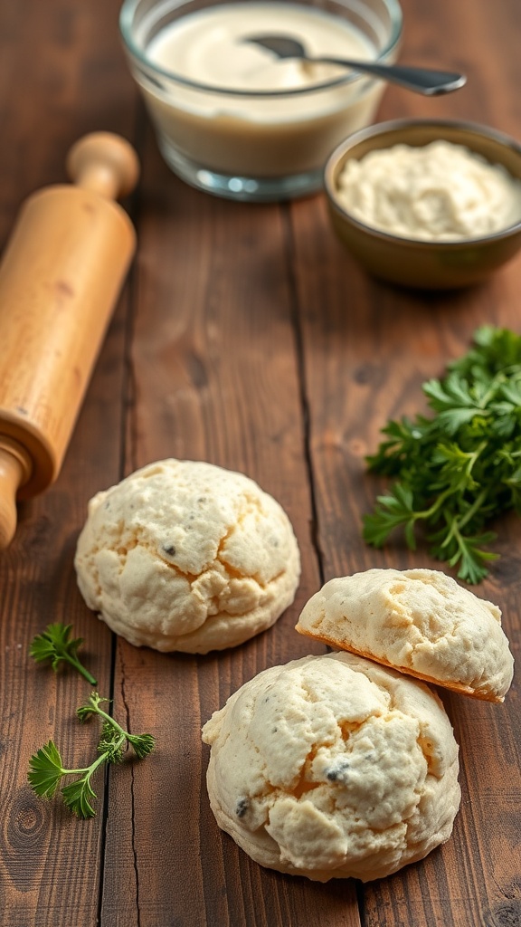 Fluffy sourdough biscuits with a rolling pin and creamy ingredients on a wooden table