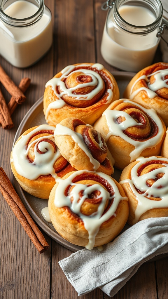 A plate of freshly baked sourdough cinnamon buns drizzled with icing, surrounded by cinnamon sticks and jars of milk.