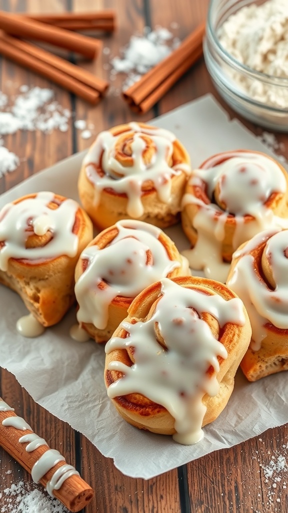 Delicious sourdough cinnamon rolls drizzled with icing, placed on a wooden surface with cinnamon sticks and flour.