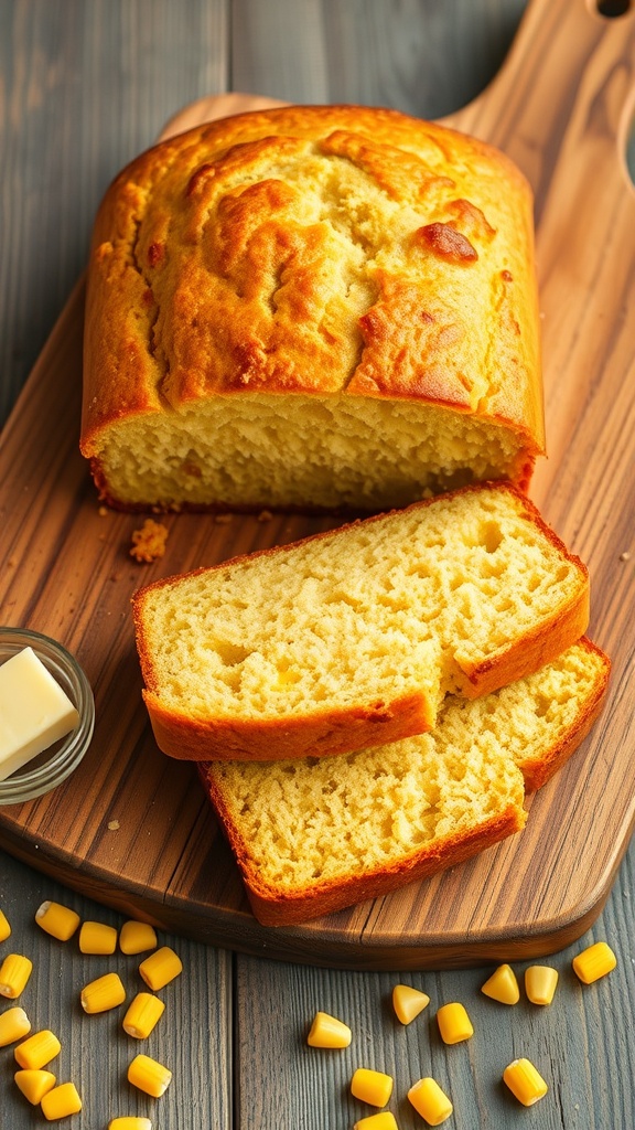 A loaf of sourdough cornbread sliced on a wooden board with butter and corn kernels.
