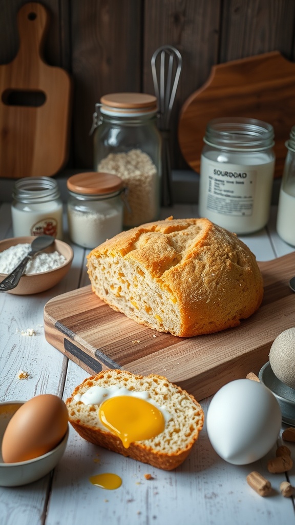 A freshly baked sourdough cornbread on a wooden cutting board, surrounded by eggs, flour, and other baking ingredients.
