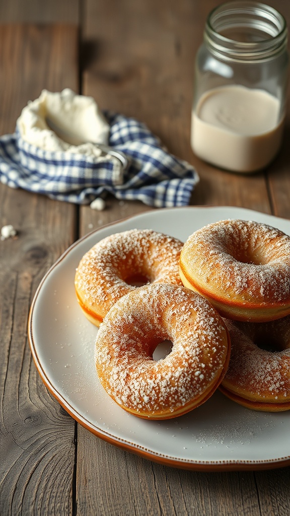 A plate of sourdough donuts dusted with powdered sugar on a wooden table.