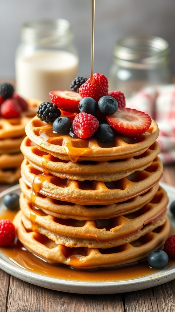 Stack of waffles topped with berries and syrup